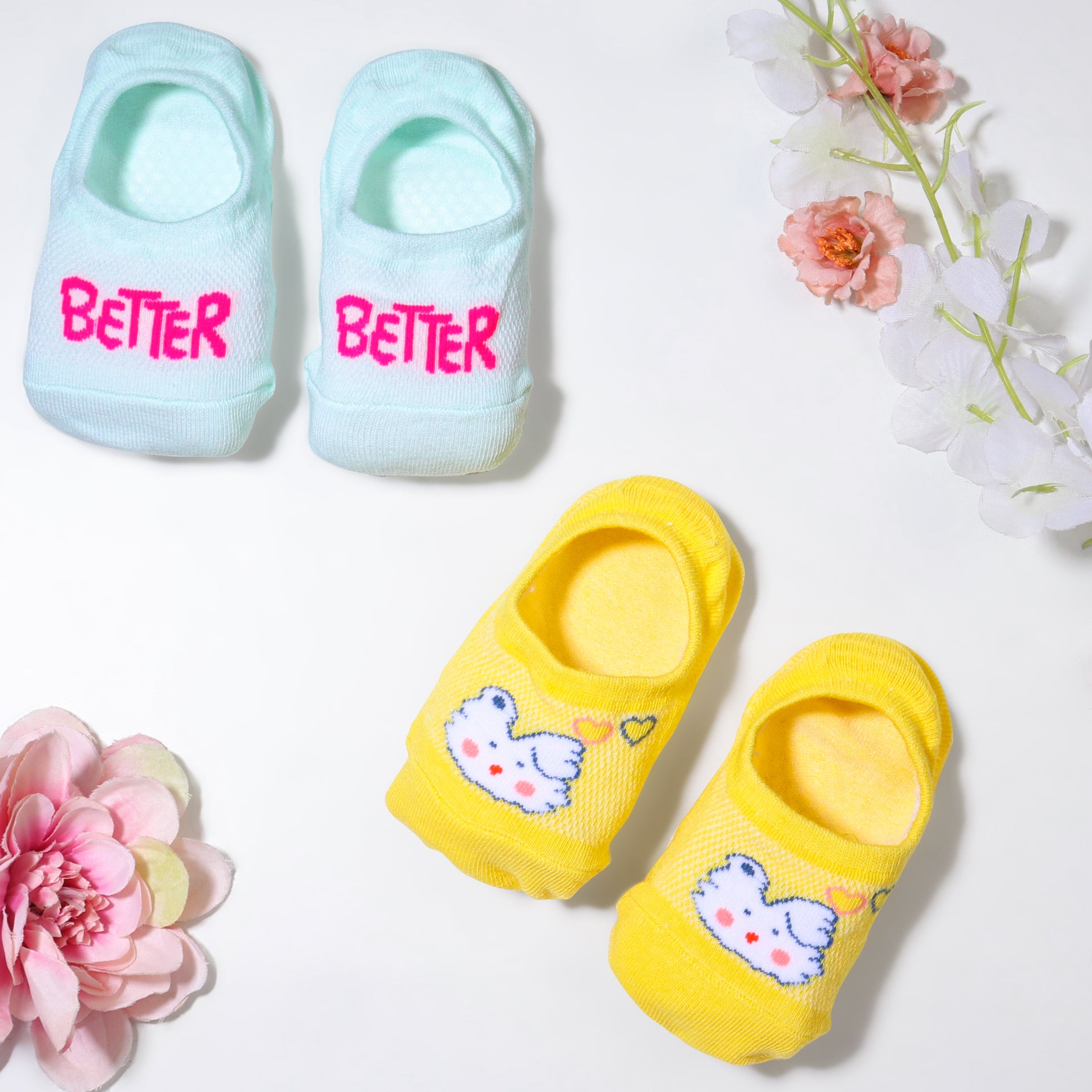 Pack of 2 Better & Sheep Print Anti Skid Loafer Socks - Sea Green & Yellow