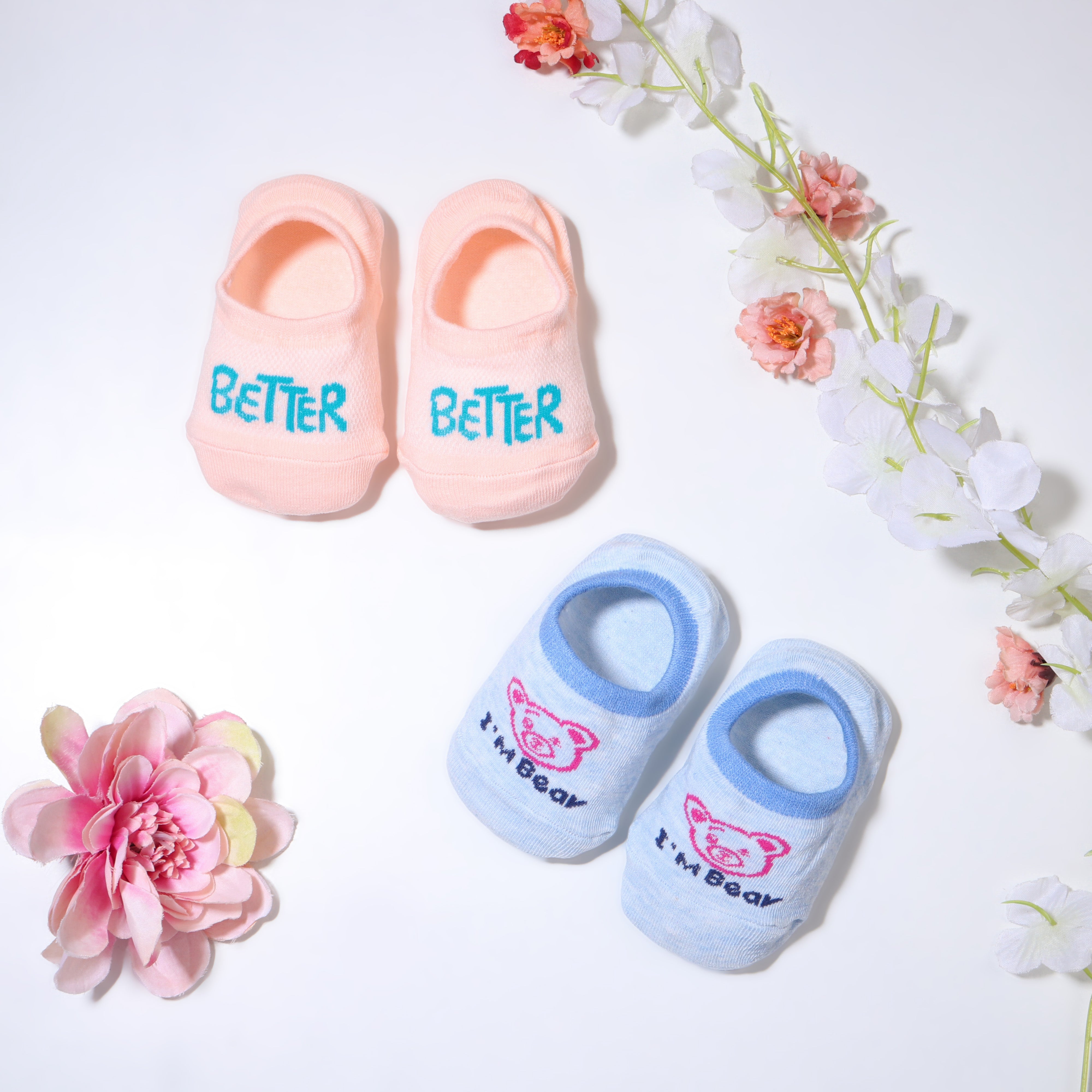 Pack of 2 Better & Bear Print Anti Skid Loafer Socks - Blue & Peach