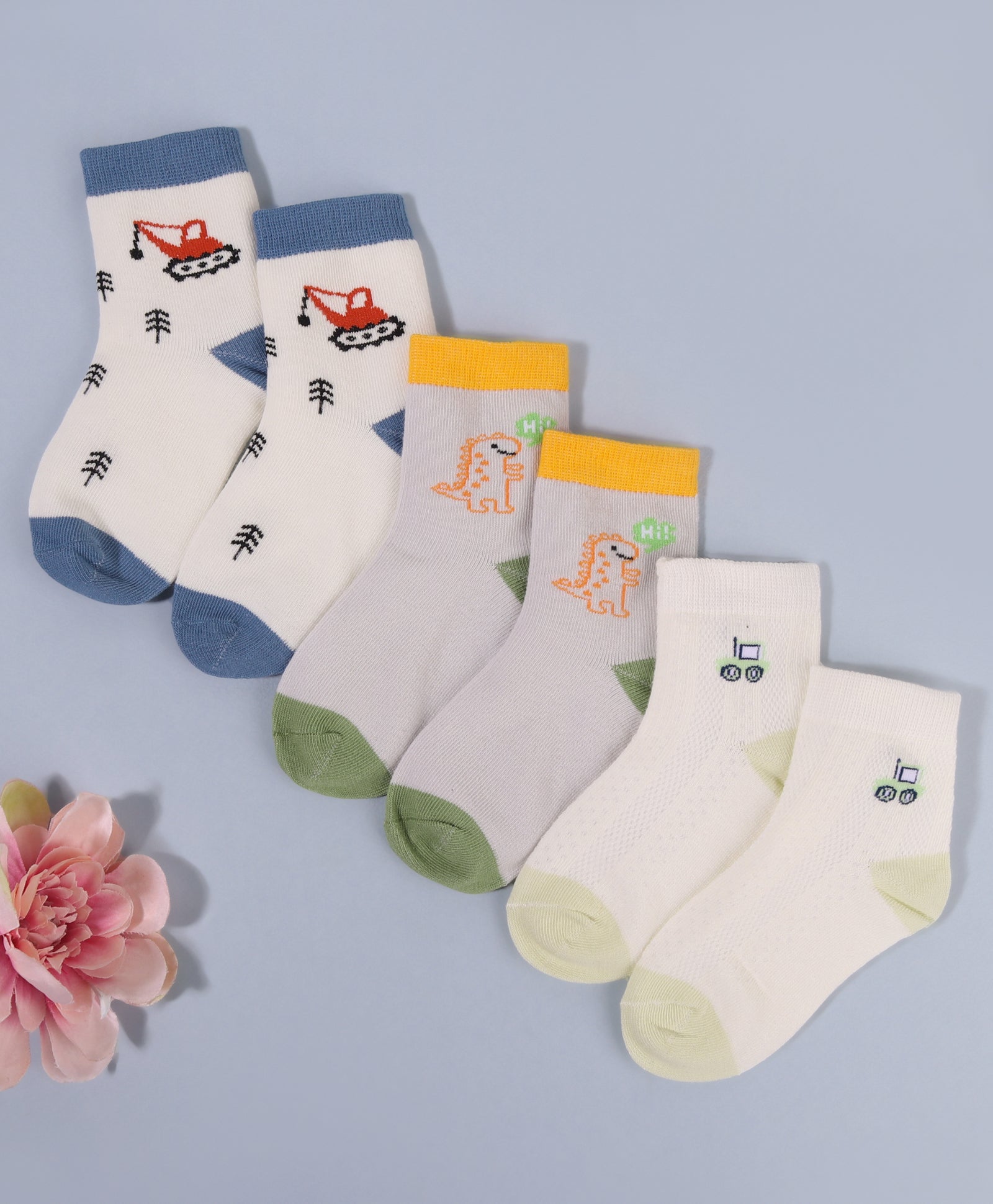 Pack of 3 Vehicle & Dinosaur Print Ankle Length Anti Bacterial Socks - Multicolour