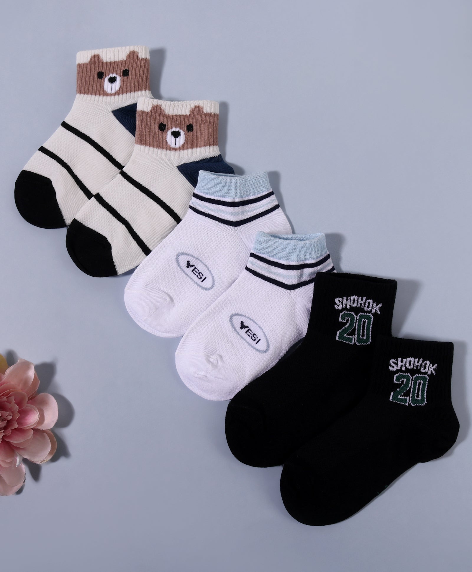 Pack of 3 Stripes & Text Print Ankle Length Anti Bacterial Socks - Multicolour