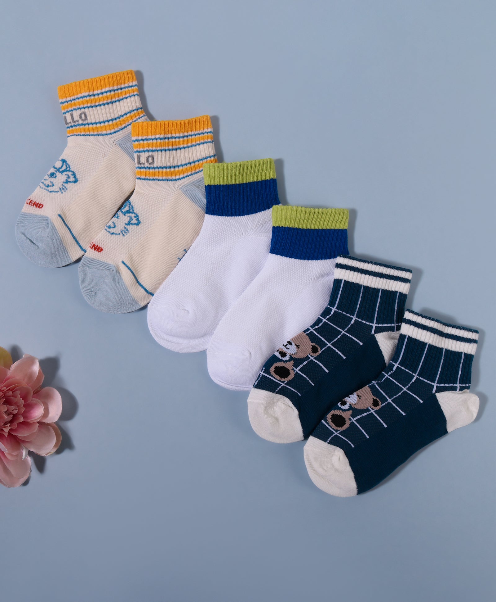 Pack of 3 Solid & Checks Bear Print Ankle Length Anti Bacterial Socks - Multicolour