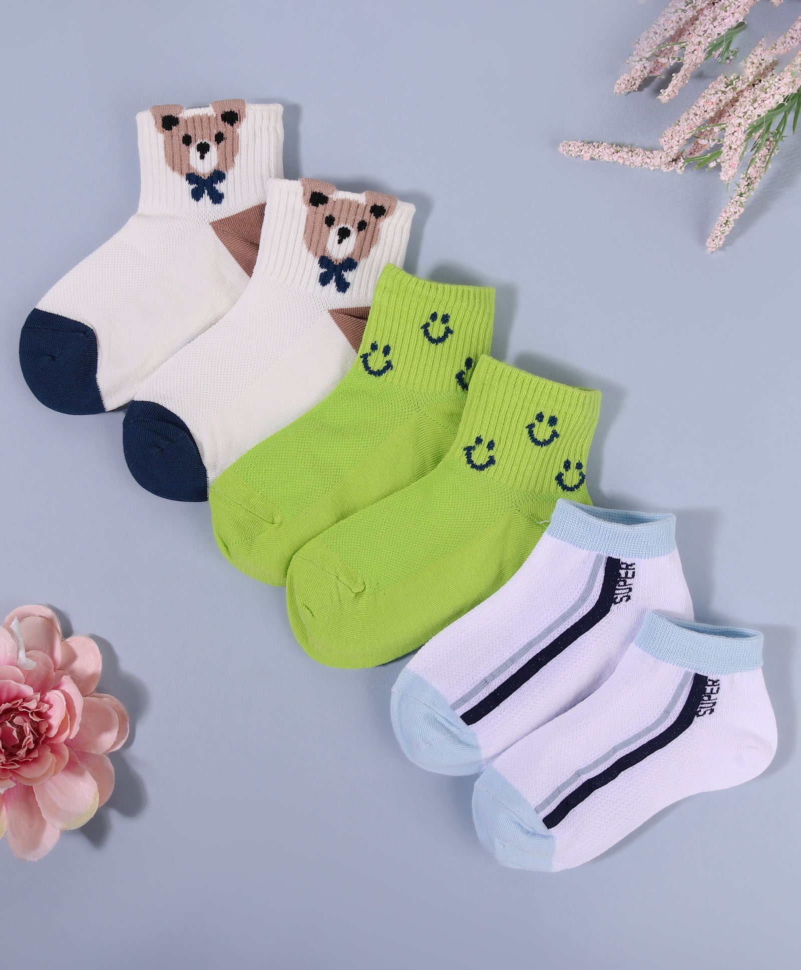 Pack of 3 Bear & Smiley Print Ankle Length Anti Bacterial Socks - Multicolour