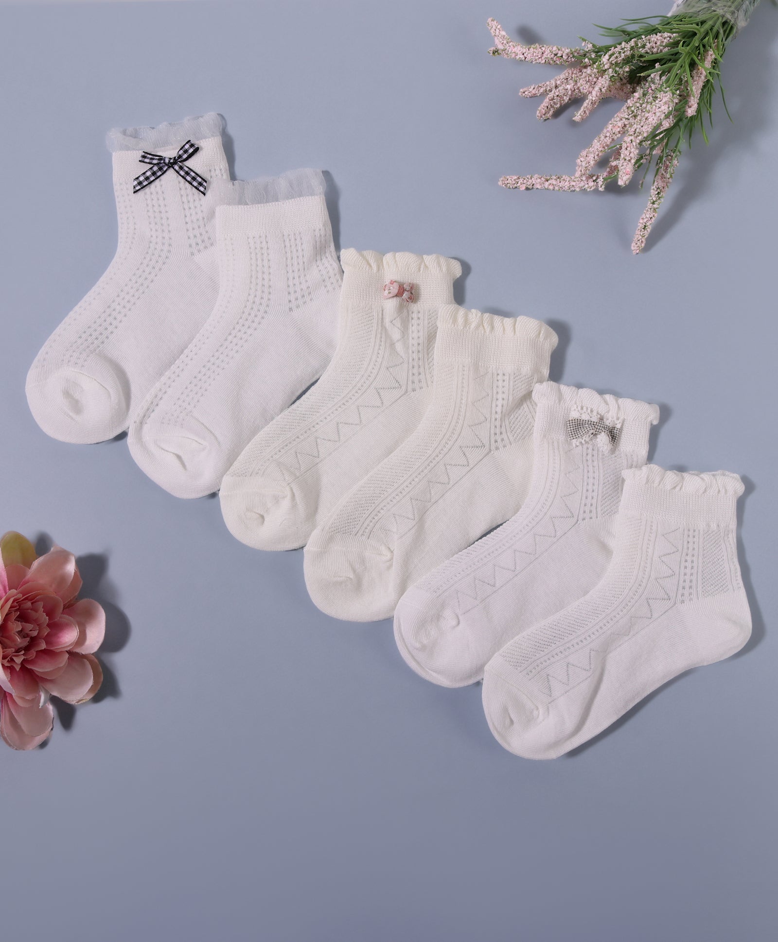 Pack of 3 Checks Bow Applique Ankle Length Anti Bacterial Socks - White