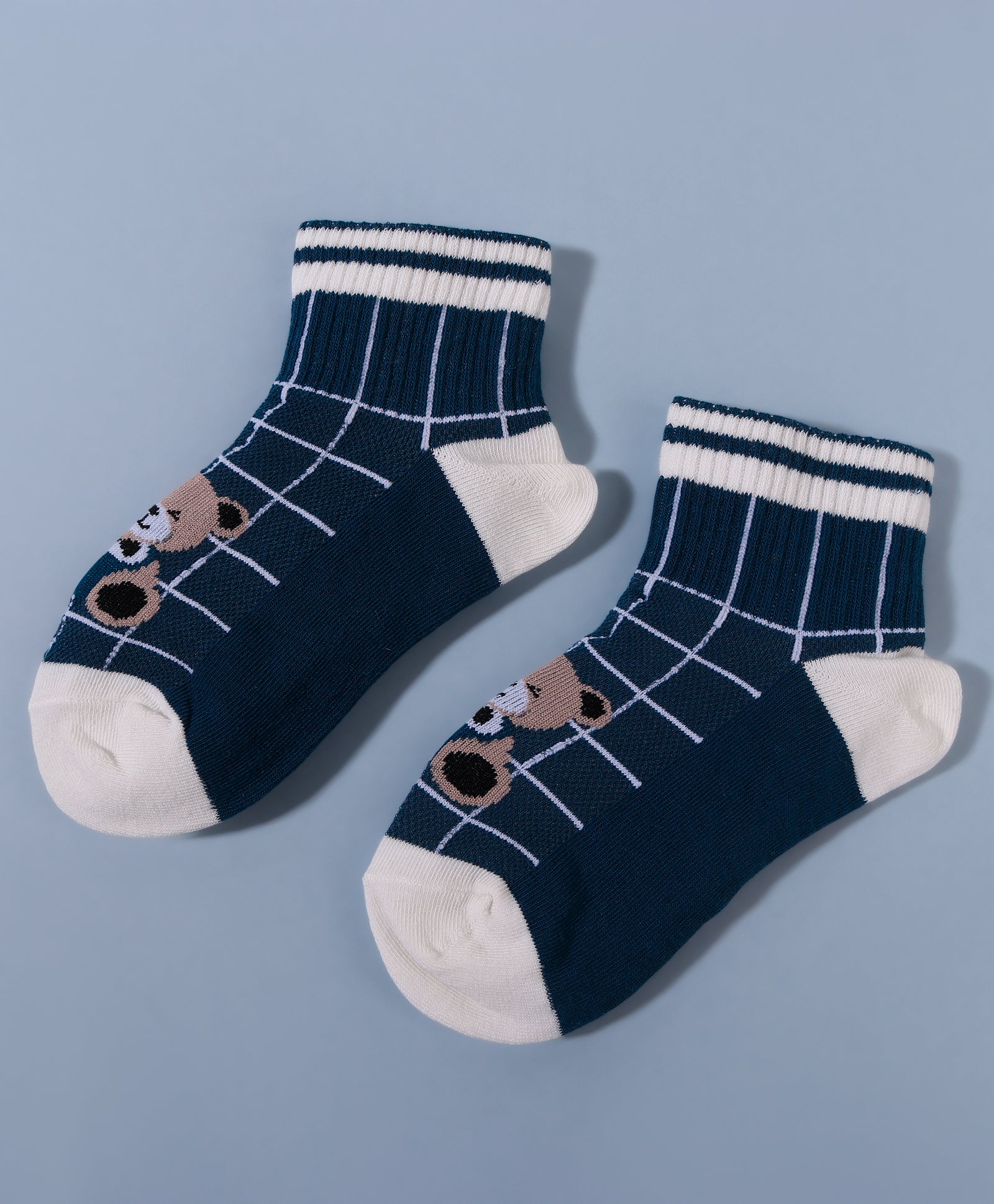 Pack of 3 Solid & Checks Bear Print Ankle Length Anti Bacterial Socks - Multicolour