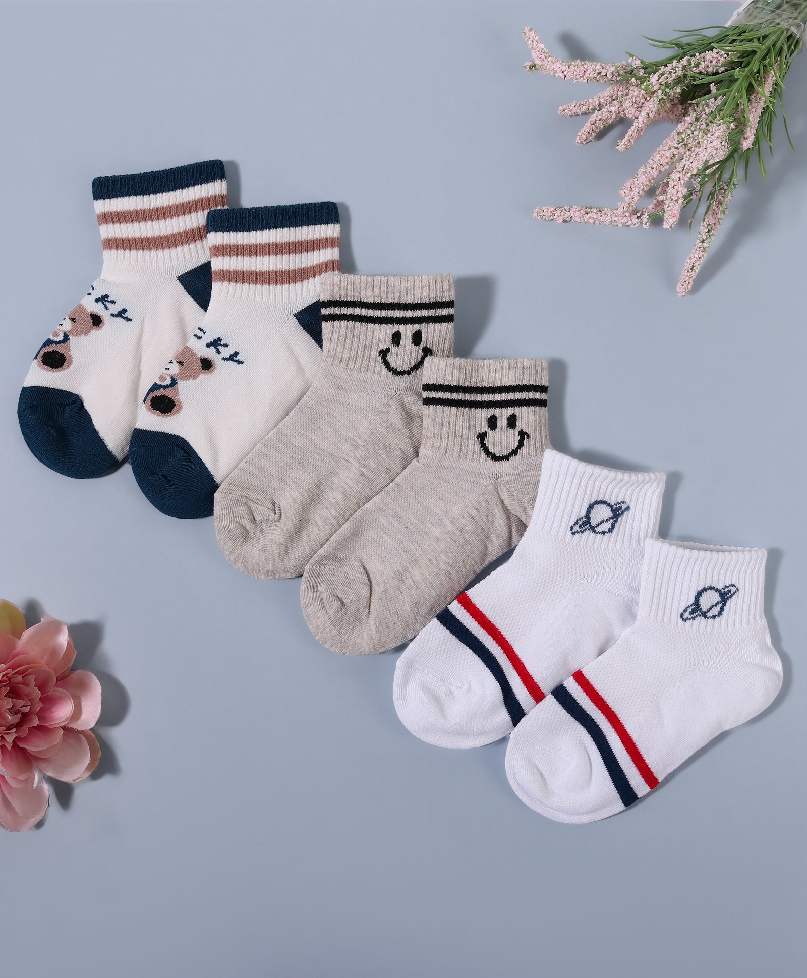 Pack of 3 Smiley & Stripes Print Ankle Length Anti Bacterial Socks - Multicolour