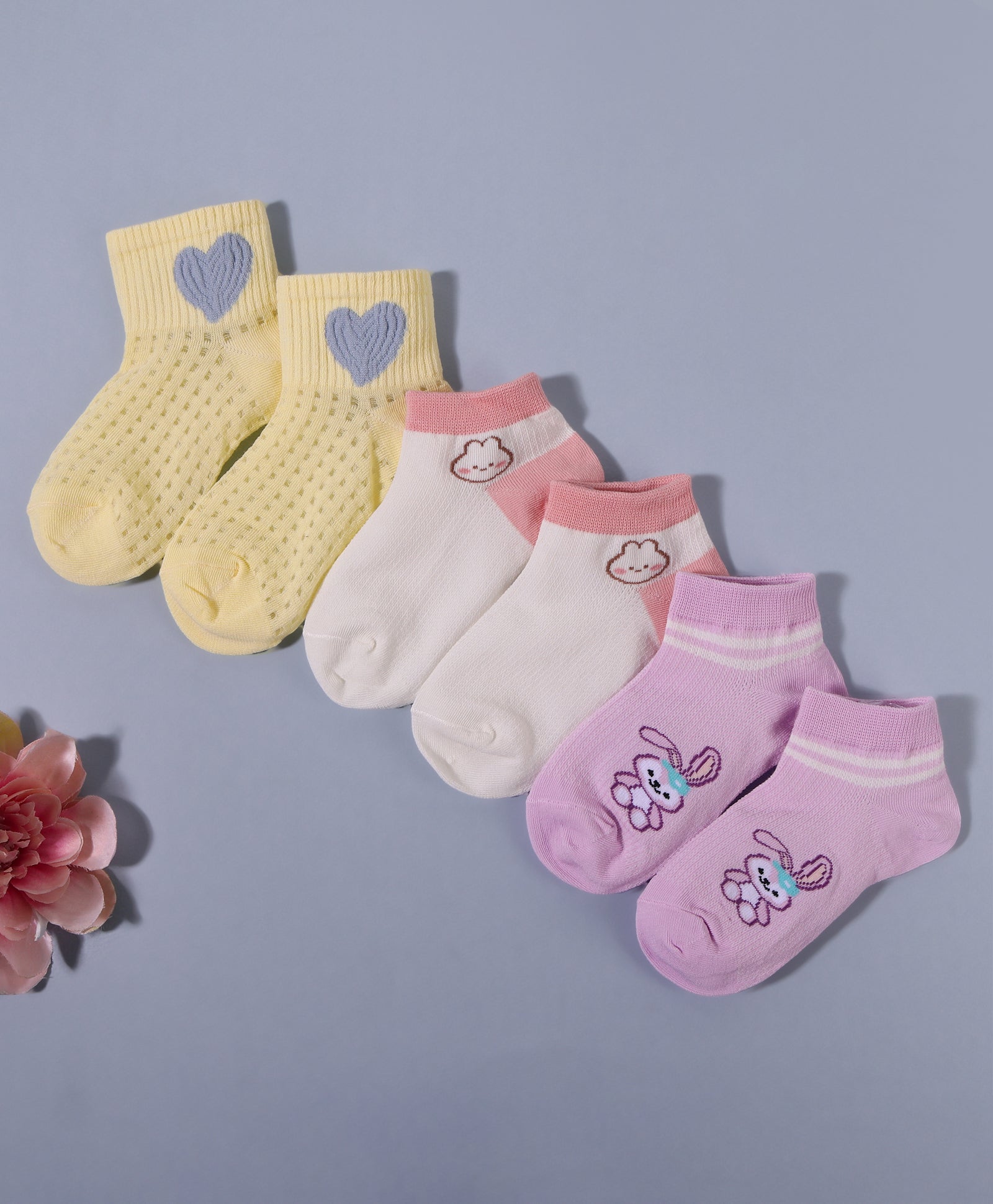 Pack of 3 Heart & Bunny Rabbit Print Ankle Length Anti Bacterial Socks - Multicolour