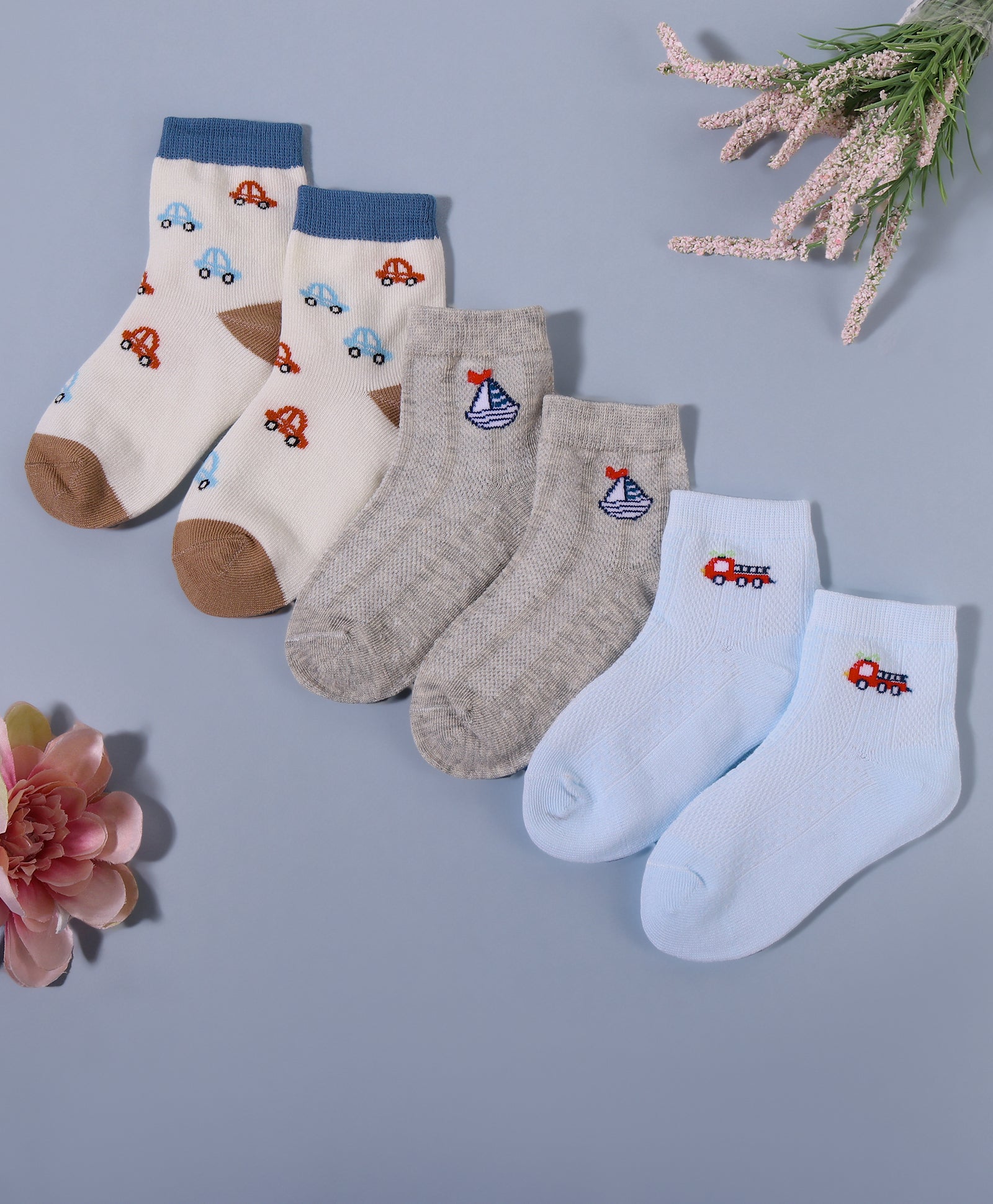 Pack of 3 Car & Ship Print Ankle Length Anti Bacterial Socks - Multicolour