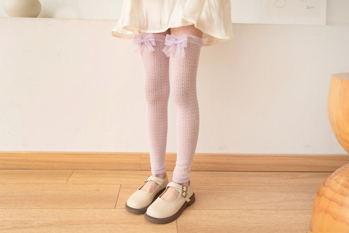 SOLID BOW APPLIQUE KNEE LENGTH OPEN TOE SOCKS