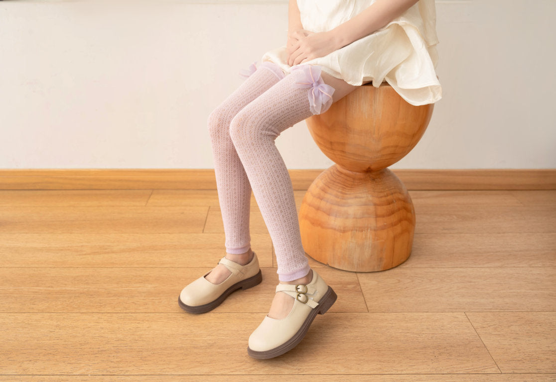 SOLID BOW APPLIQUE KNEE LENGTH OPEN TOE SOCKS