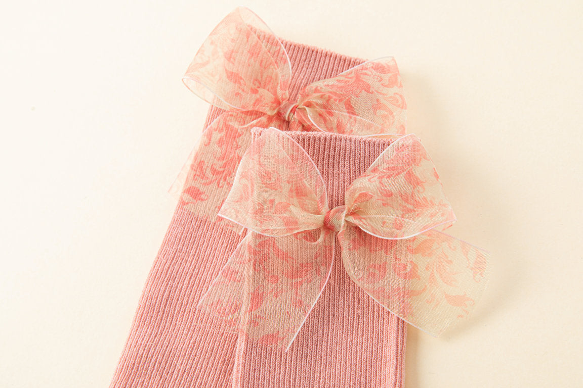 PRINTED BOW APPLIQUE KNEE LENGTH OPEN TOE SOCKS