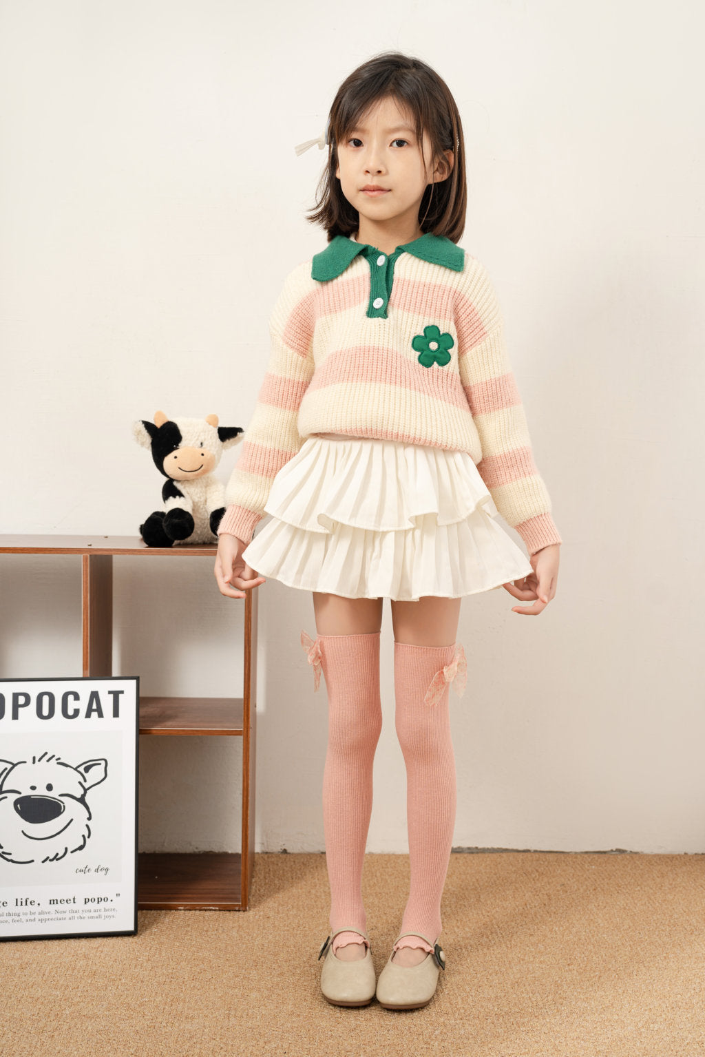 PRINTED BOW APPLIQUE KNEE LENGTH OPEN TOE SOCKS