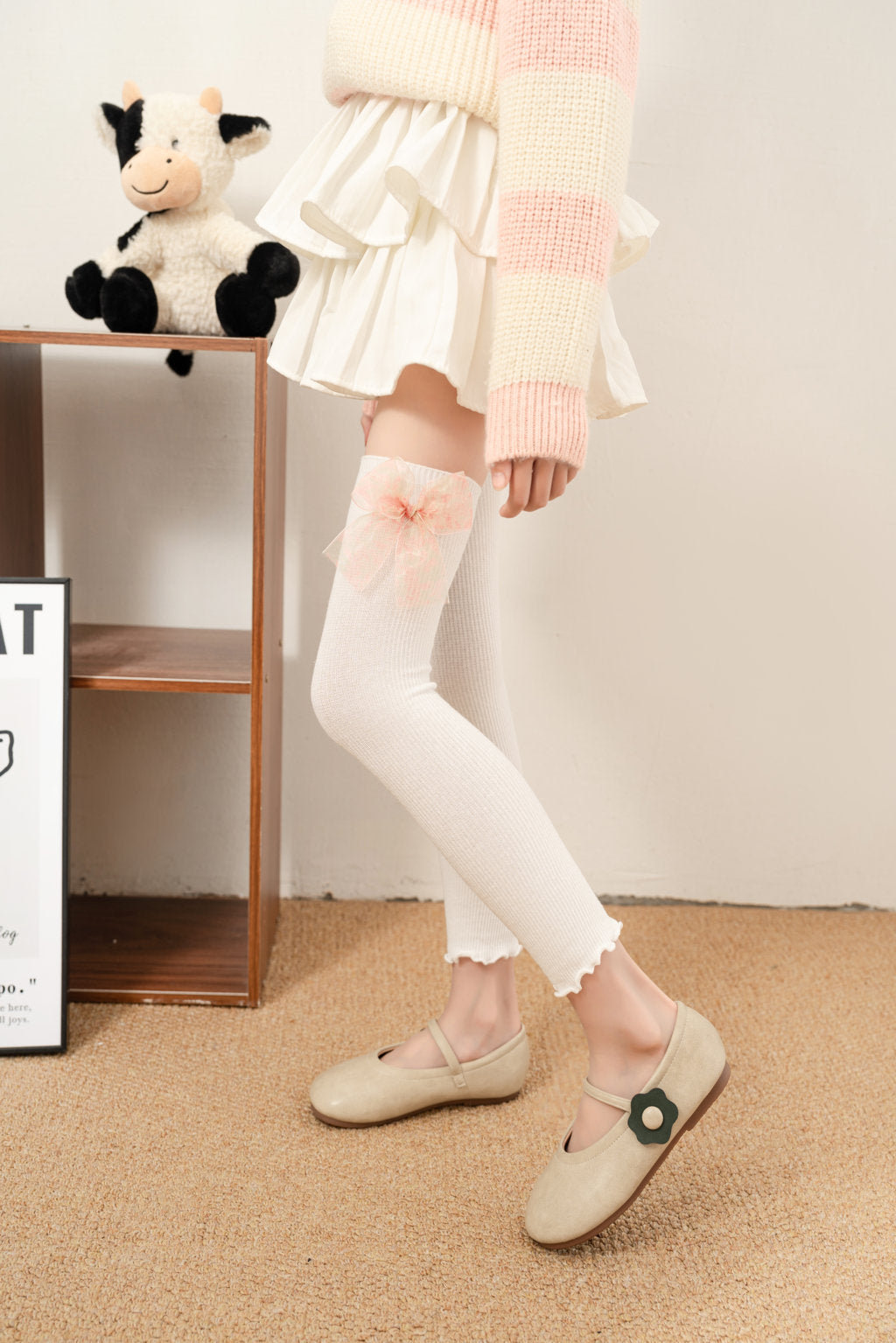 PRINTED BOW APPLIQUE KNEE LENGTH OPEN TOE SOCKS