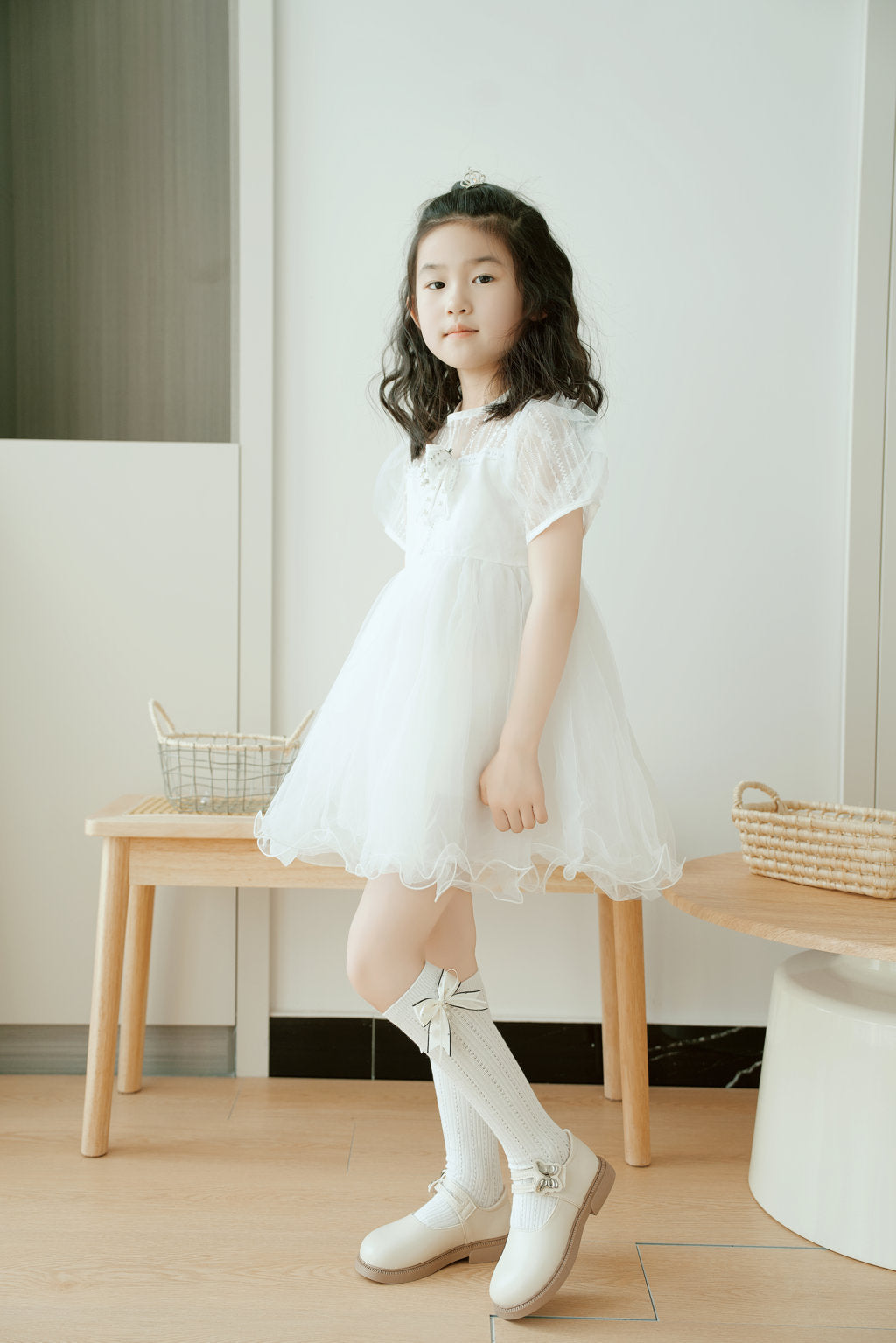 SATIN BOW WITH PEARL APPLIQUE KNEE LENGTH SOCKS