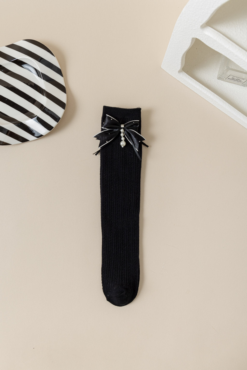SATIN BOW WITH PEARL APPLIQUE KNEE LENGTH SOCKS