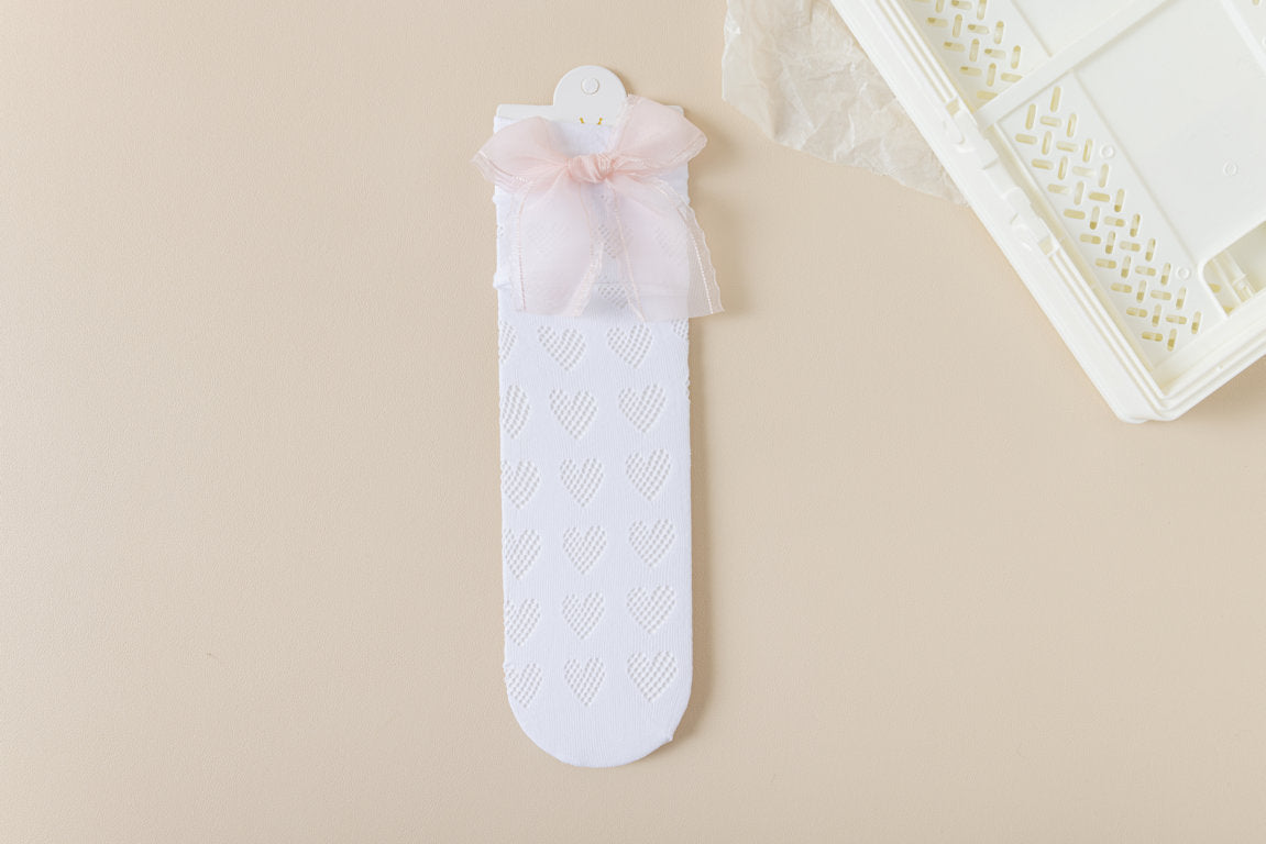 HEART TEXTURED BOW APPLIQUE KNEE LENGTH SOCKS