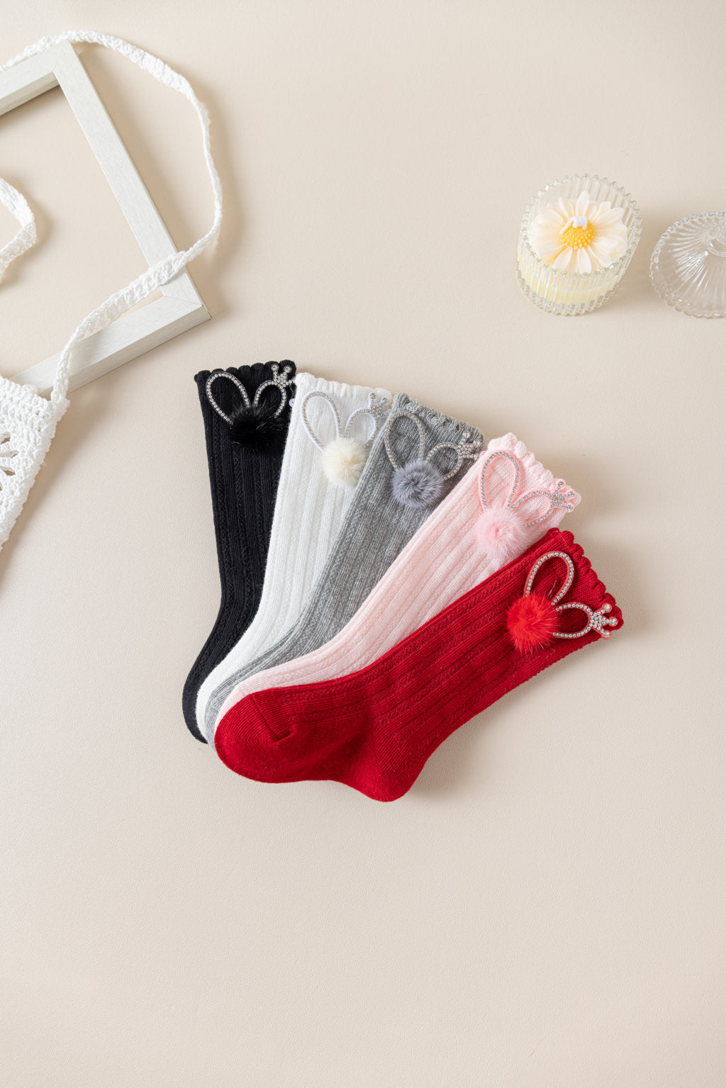 BEADED CROWN & POM POM APPLIQUE KNEE LENGTH SOCKS