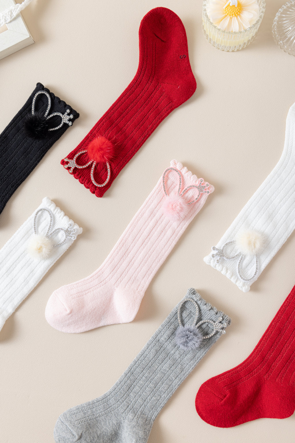 BEADED CROWN & POM POM APPLIQUE KNEE LENGTH SOCKS