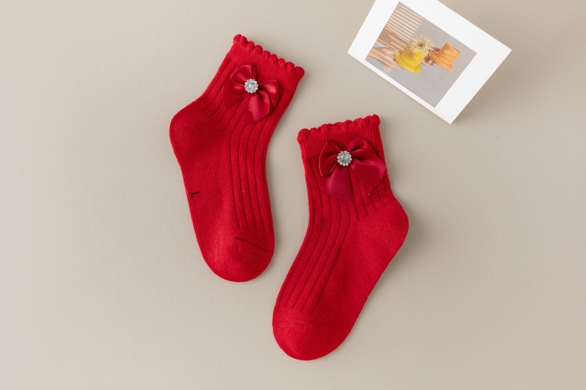 BEADED STONE WITH BOW APPLIQUE ANKLE LENGTH SOCKS