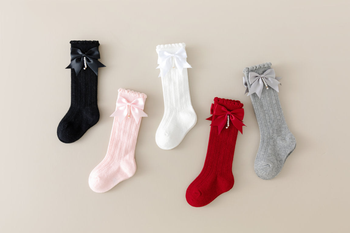 BOW & PEARL APPLIQUE KNEE LENGTH SOCKS