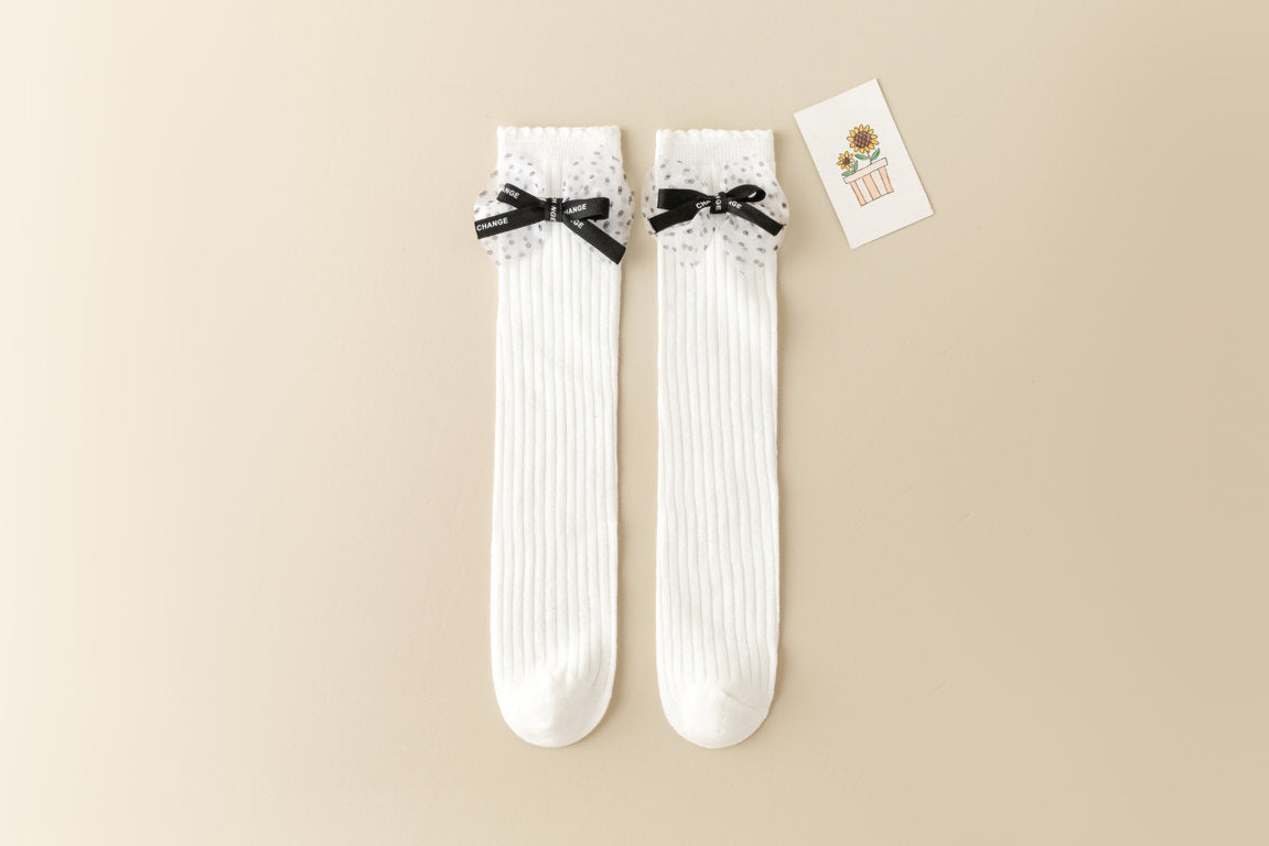 POLKA DOTTED BOW APPLIQUE KNEE LENGTH SOCKS