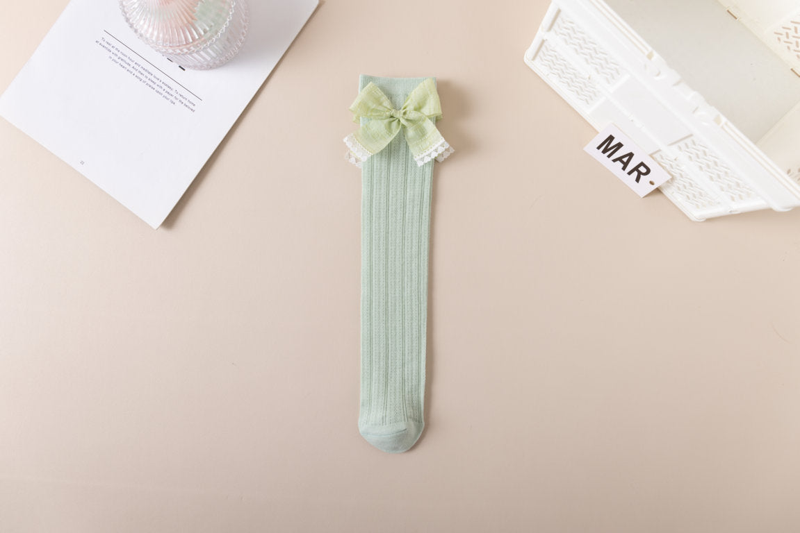 FRILL DETAILED BOW APPLIQUE KNEE LENGTH SOCKS