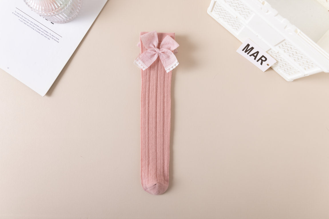 FRILL DETAILED BOW APPLIQUE KNEE LENGTH SOCKS
