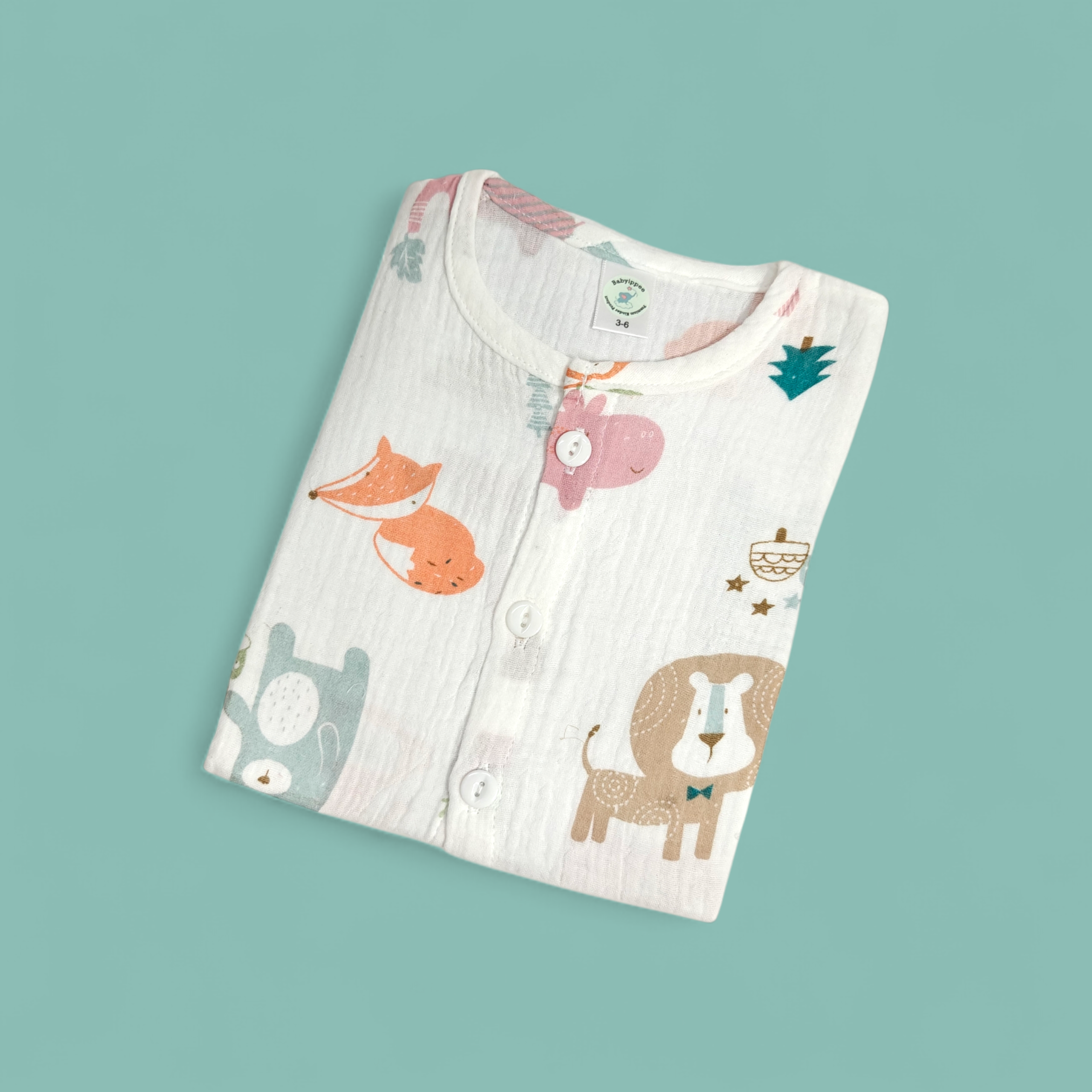 JUNGLE PRINT BUTTON-UP MUSLIN NIGHTSUIT - WHITE