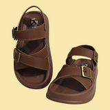 CRISS-CROSS BUCKLE APPLIQUE SANDALS - BROWN
