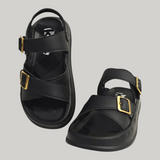 CRISS-CROSS BUCKLE APPLIQUE SANDALS - BLACK