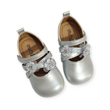 GLITTERY FLOWER APPLIQUE MARY JANE - SILVER