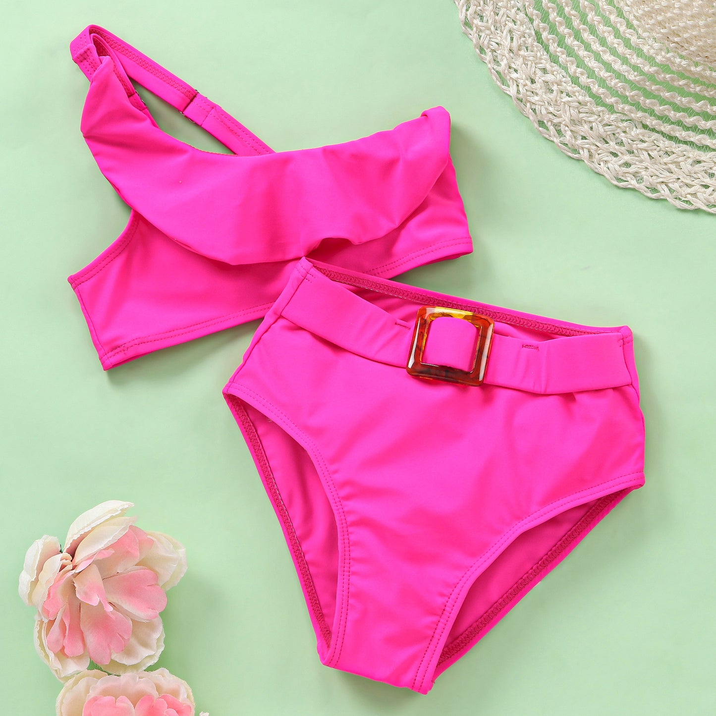 SOLID BUCKLE UP 2PC SWIM SUIT - HOT PINK