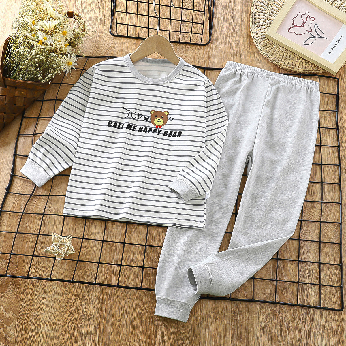 STRIPE HAPPY BEAR FULL SLEEVES CO-ORD SET - GREY