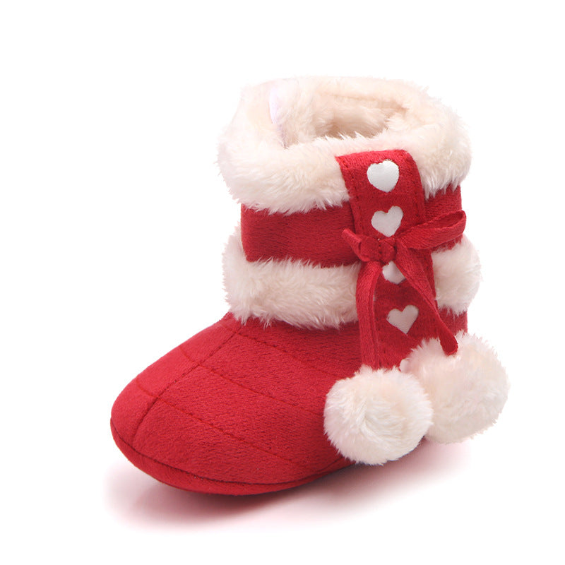 HEART PRINT POM POM APPLIQUE HIGH TOP BOOTIES - RED