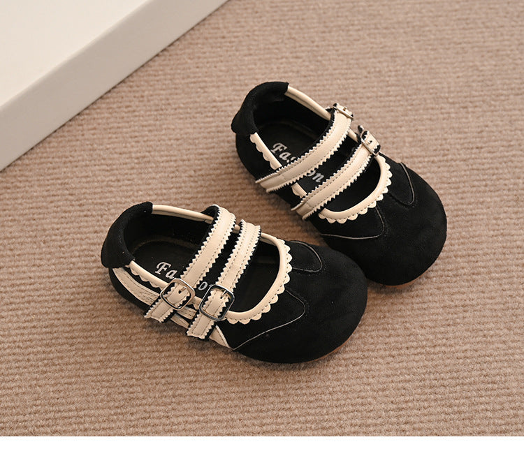 FRILL APPLIQUE DOUBLE VELCRO MARY JANE - BLACK