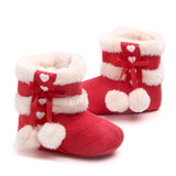 HEART PRINT POM POM APPLIQUE HIGH TOP BOOTIES - RED