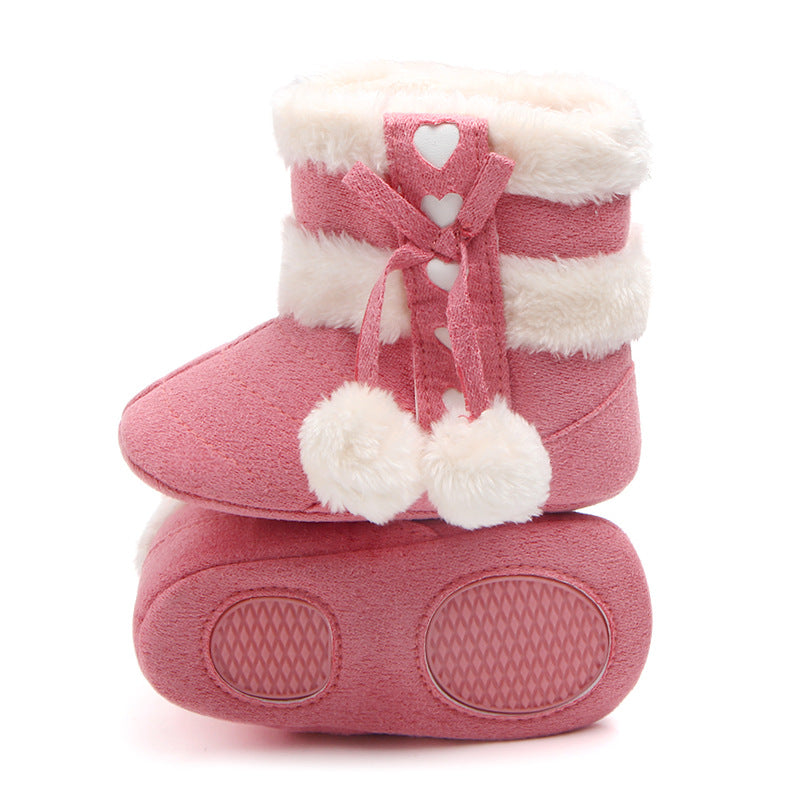 HEART PRINT POM POM APPLIQUE HIGH TOP BOOTIES - PINK