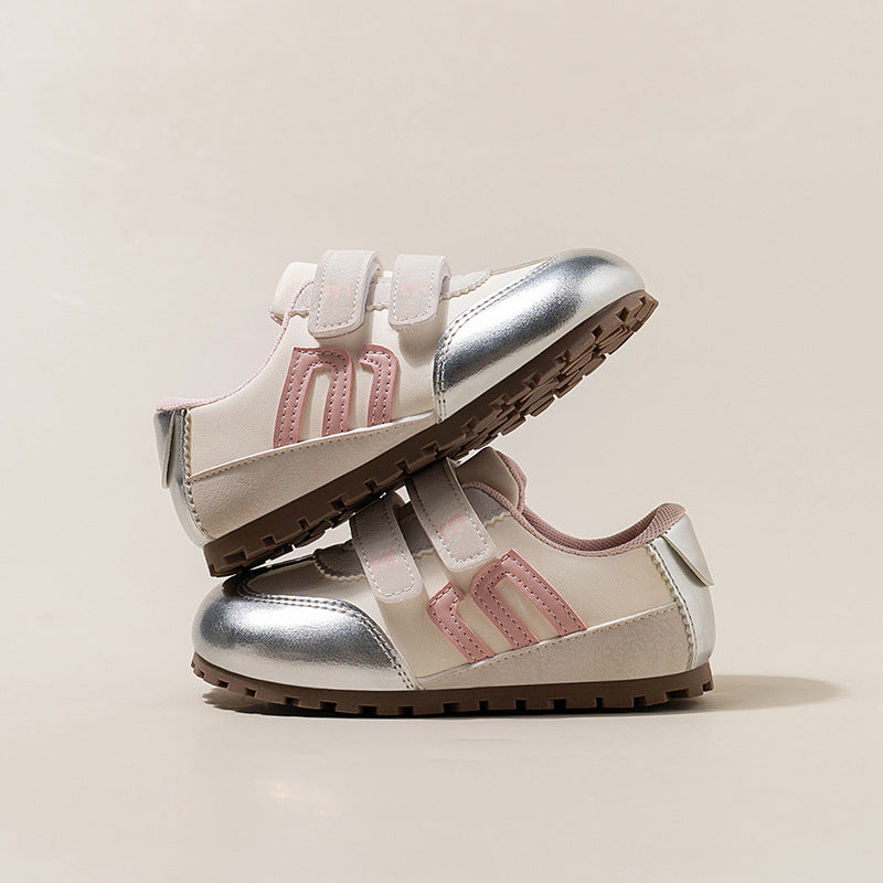 SHINY DOUBLE VELCRO SNEAKERS - SILVER & PINK