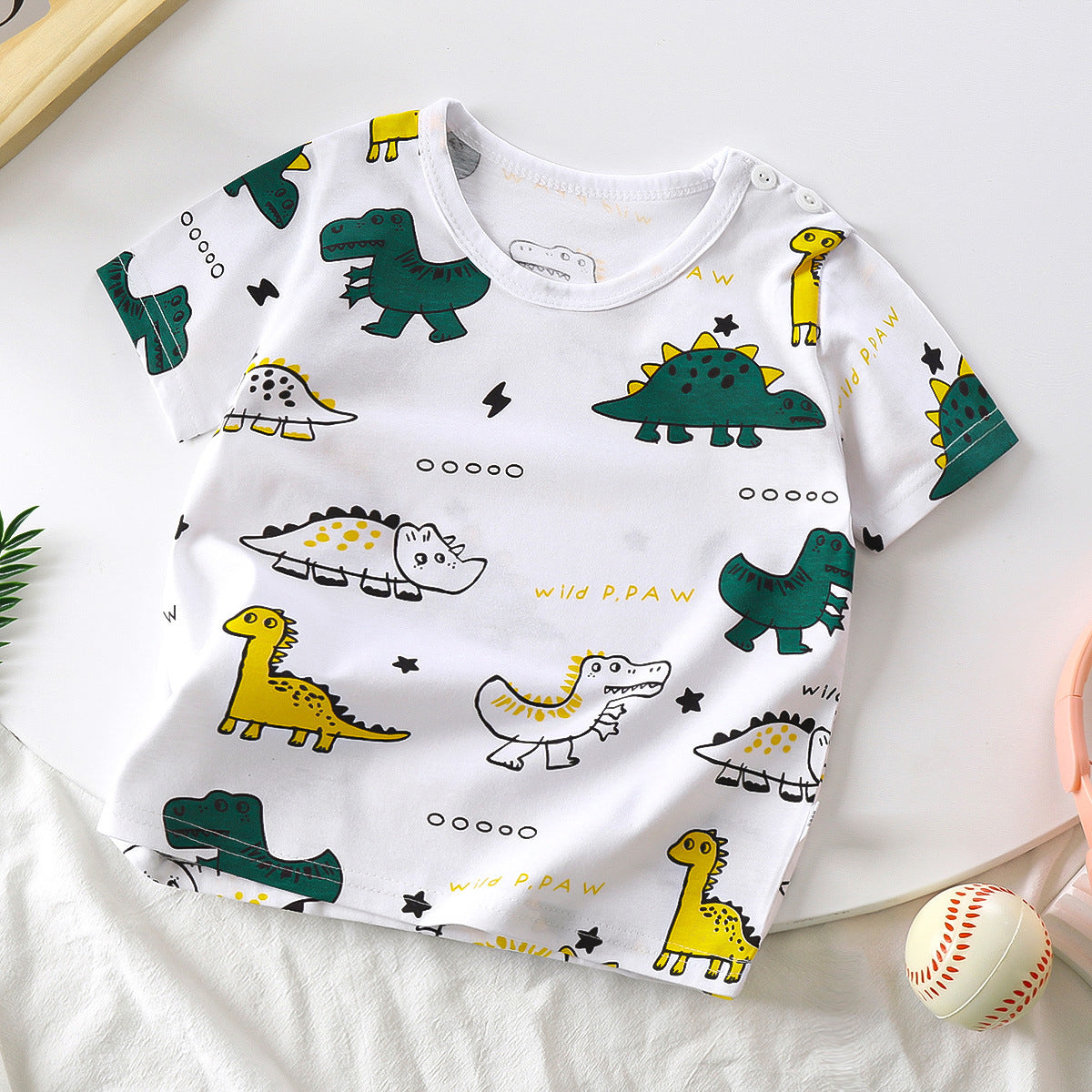 LITTLE DINO PRINT T-SHIRT - WHITE & GREEN