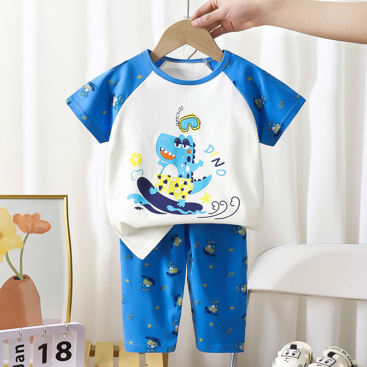 SKATING DINO PRINT NIGHT SUIT - WHITE & BLUE