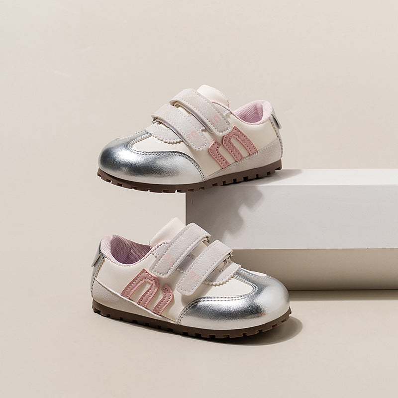 SHINY DOUBLE VELCRO SNEAKERS - SILVER & PINK