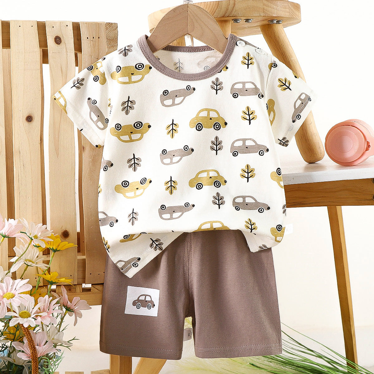 ALL OVER CAR  PRINT SHORTS & T-SHIRT SET - GREY