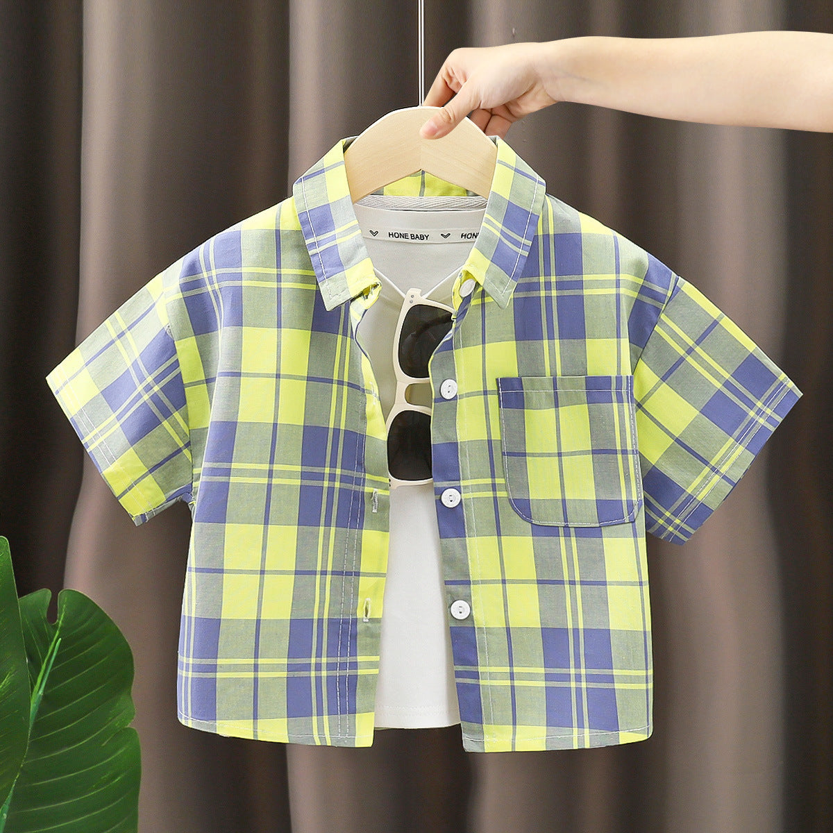 OVERSIZED CHECKERED HALF SLEEVES SHIRT - YELLOW
