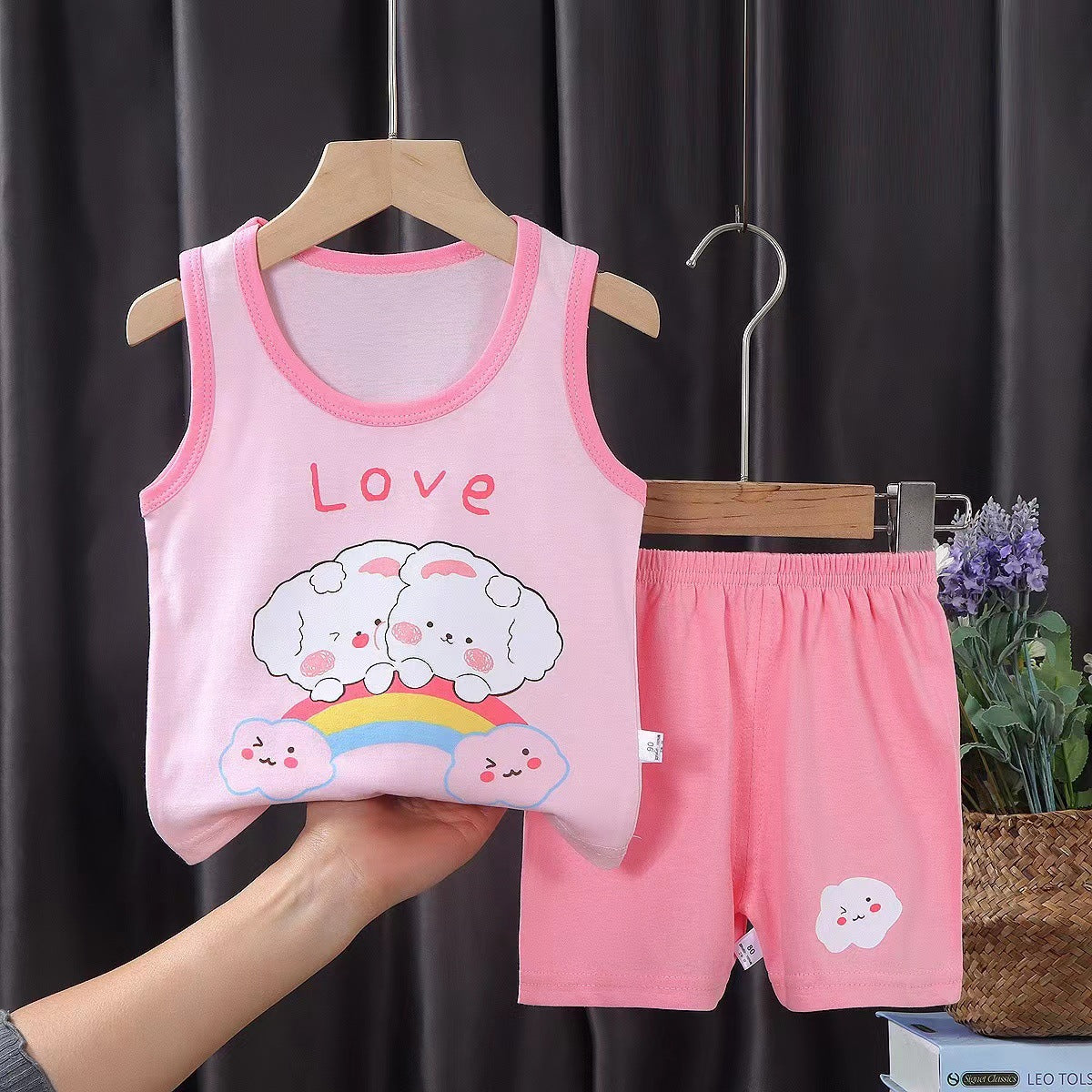 RAINBOW PRINT SLEEVELESS SHORTS & T-SHIRT SET -LIGHT PINK