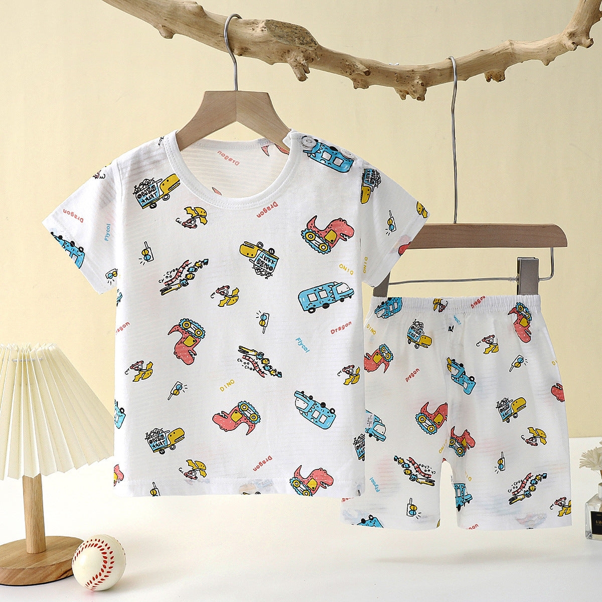 DINO & VEHICLE PRINT SHORTS & T-SHIRT SET - WHITE