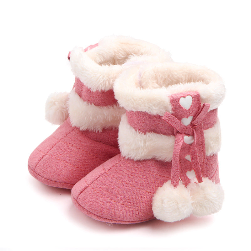HEART PRINT POM POM APPLIQUE HIGH TOP BOOTIES - PINK