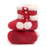 HEART PRINT POM POM APPLIQUE HIGH TOP BOOTIES - RED
