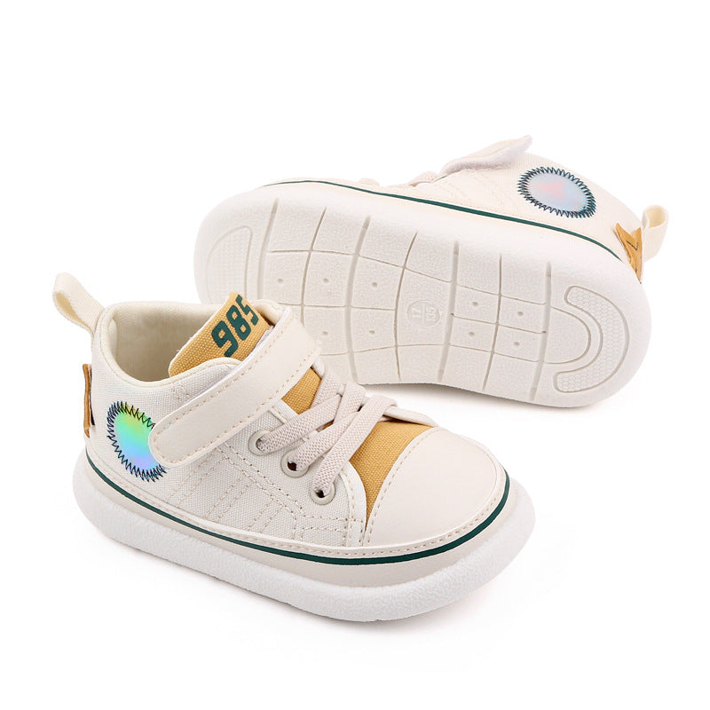 HIGH TOP VELCRO CLOSURE PREWALKER SHOES - WHITE & YELLOW