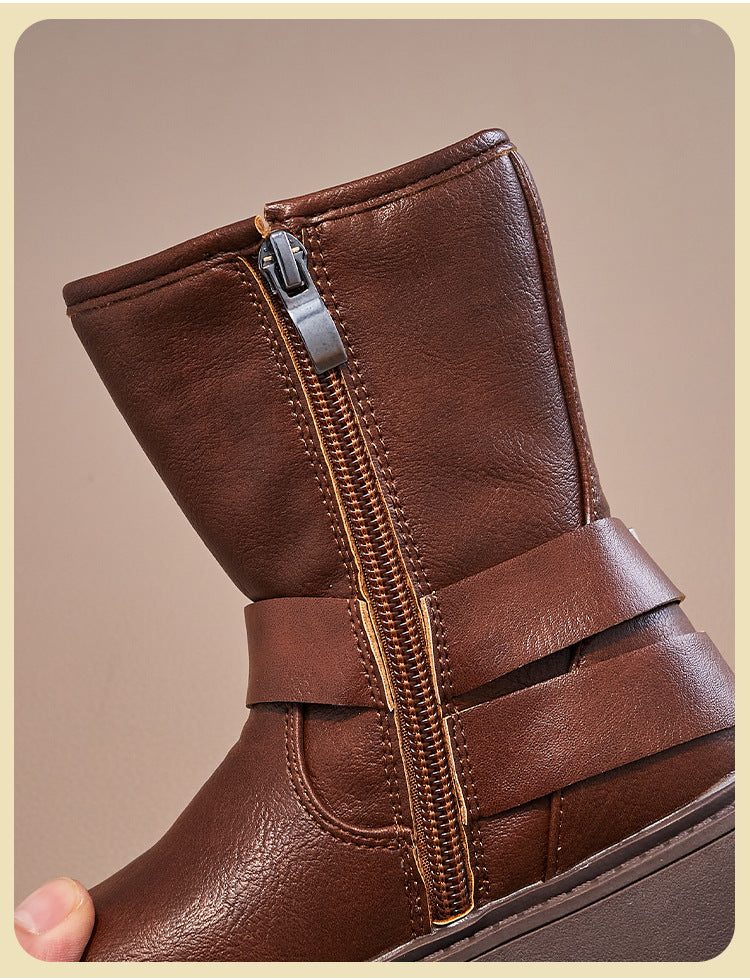 DOUBLE BUCKLE ZIP-UP WINTER BOOTS - BROWN