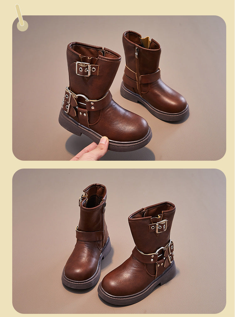 DOUBLE BUCKLE ZIP-UP WINTER BOOTS - BROWN