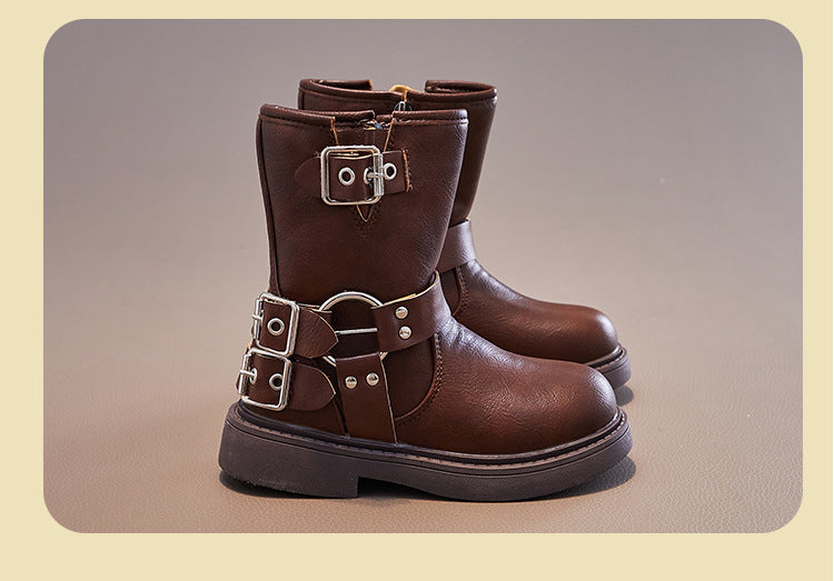 DOUBLE BUCKLE ZIP-UP WINTER BOOTS - BROWN